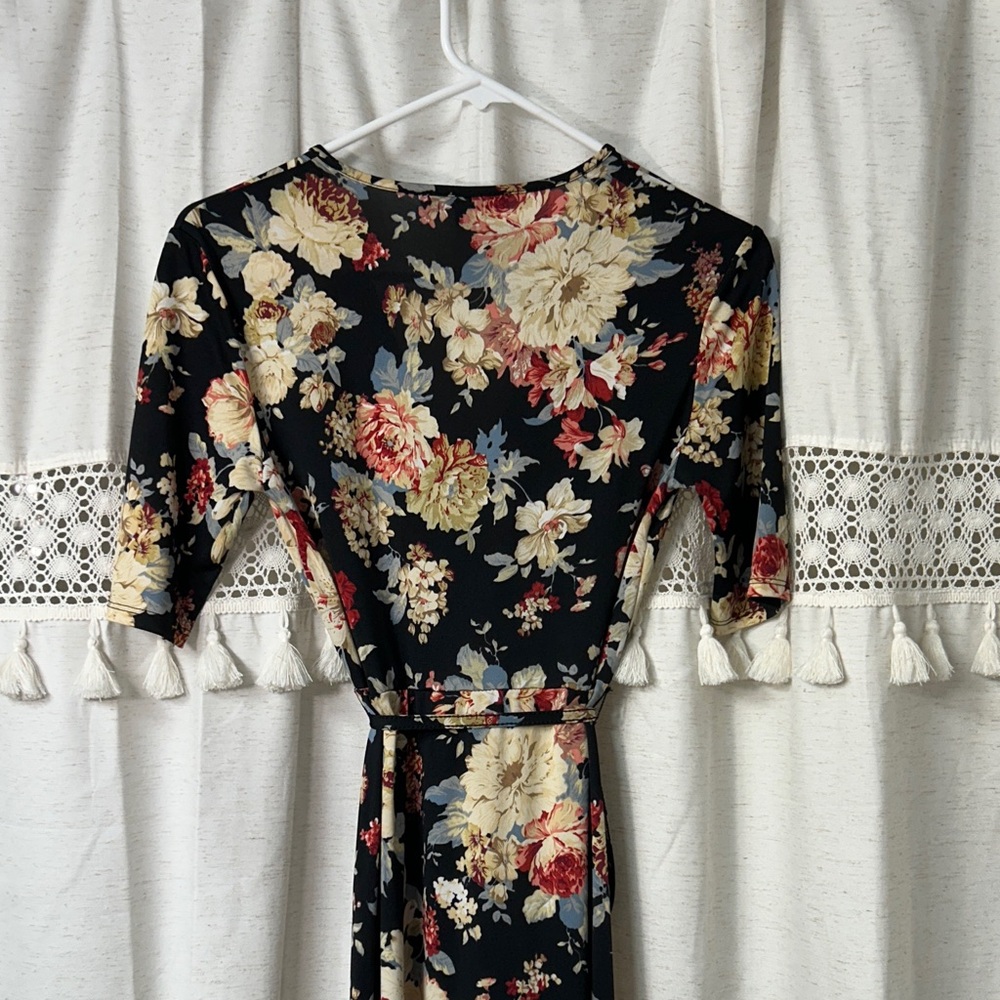Black Floral Wrap Maxi Dress with Red & Cream Blooms - Picture 5 of 8